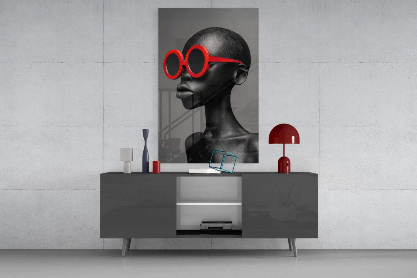 Red Round Sunglasses Gray Portrait Glass Wall Art