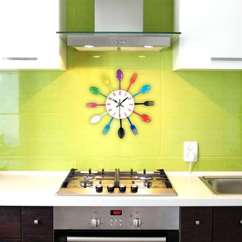 Metal Kitchen Wall Clock Creative Kitchen Wall Clock 3D Modern Creative Kitchen Cutlery Spoon Fork Time Like Wall Clock Wall Sticker Room Home Decoration Quartz Wall Art Cutlery Mounted Clocks Modern Design Home Decorative