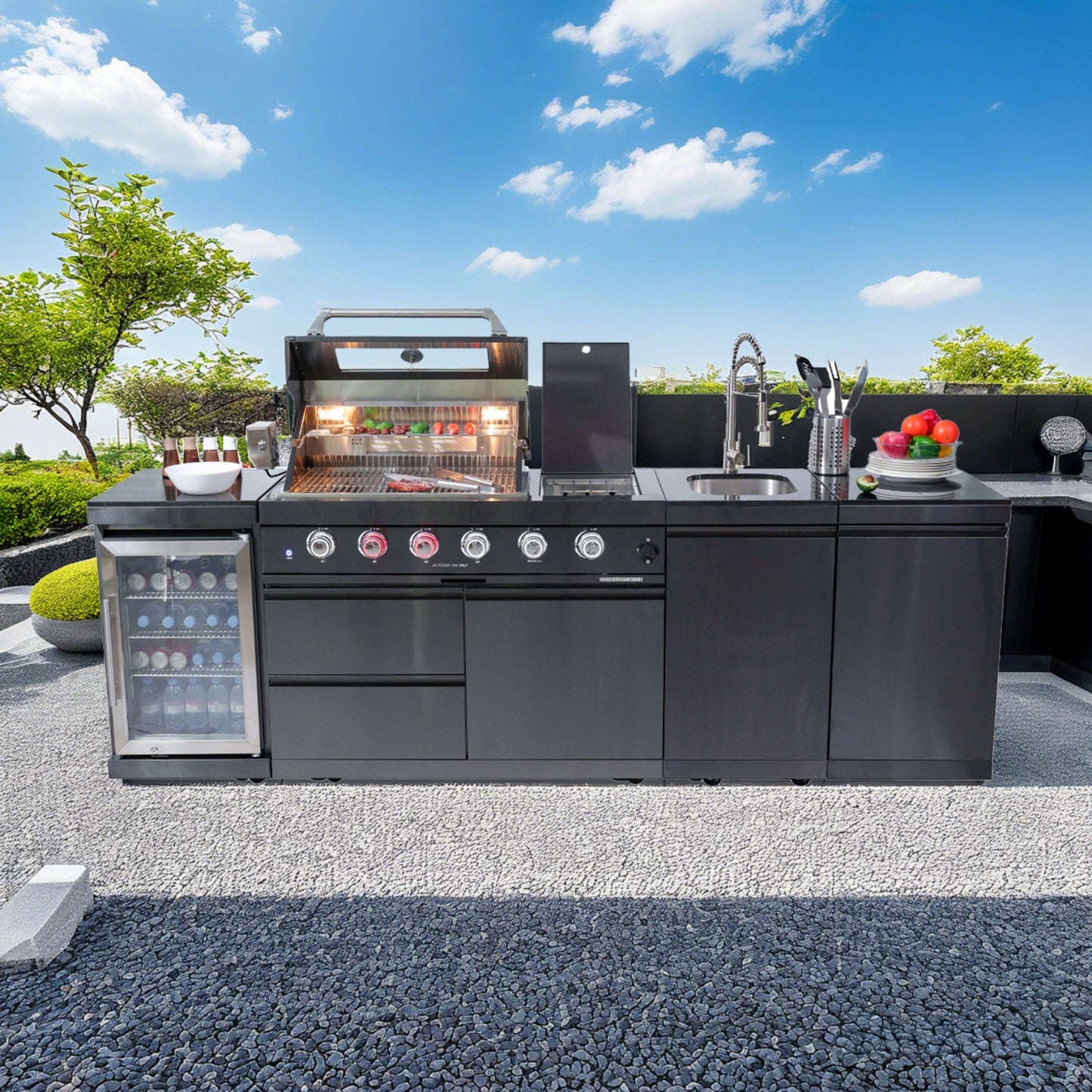 104" 4-Burner 72000 BTU Black Outdoor Kitchen Island Grill with Storage Cabinets & Drawers