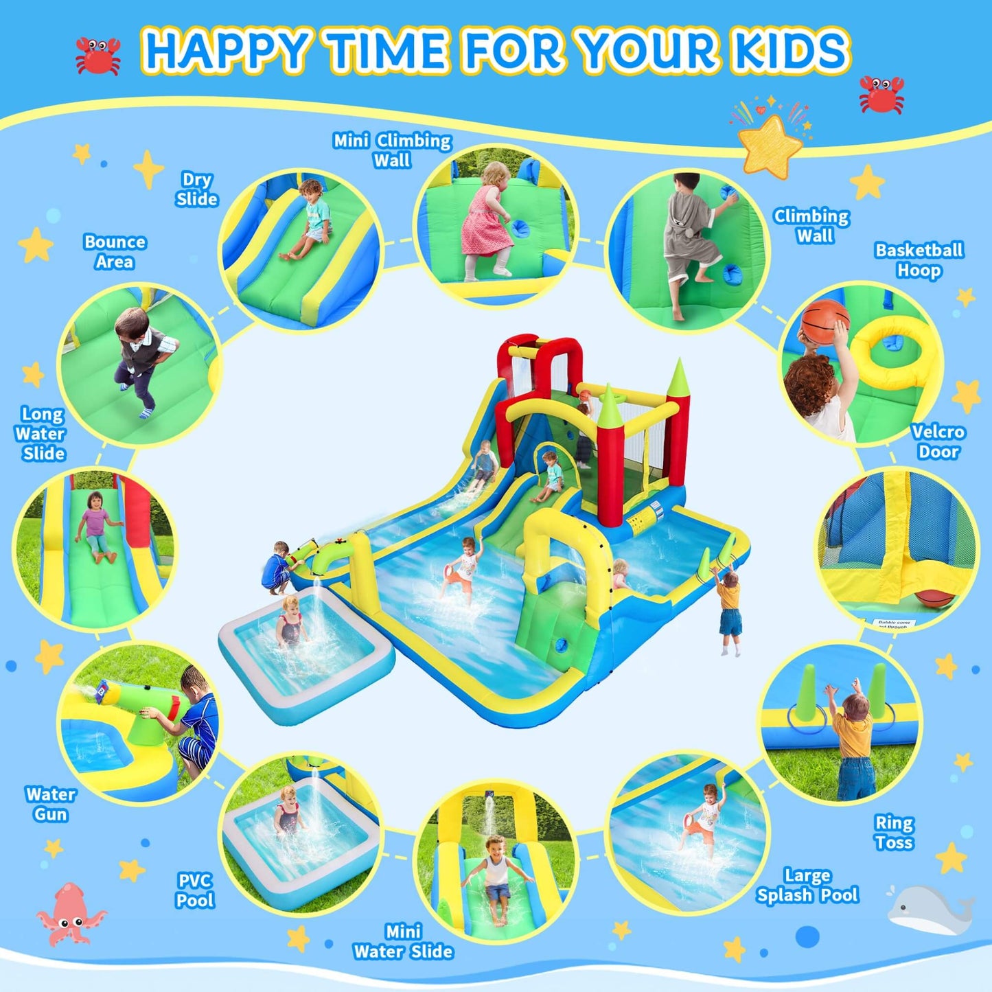 Large 11-In-1 Inflatable Water Park With Slides, Pool, Climbing Wall, And Bounce House (SAK70491)