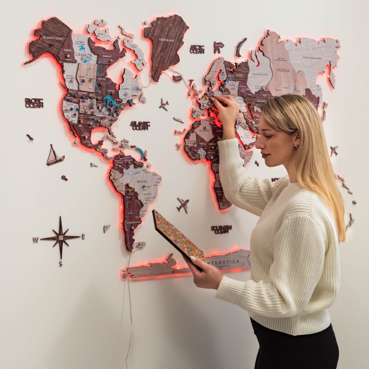 3D LUMINOUS LED Wooden World Map 2.0 Cappuccino