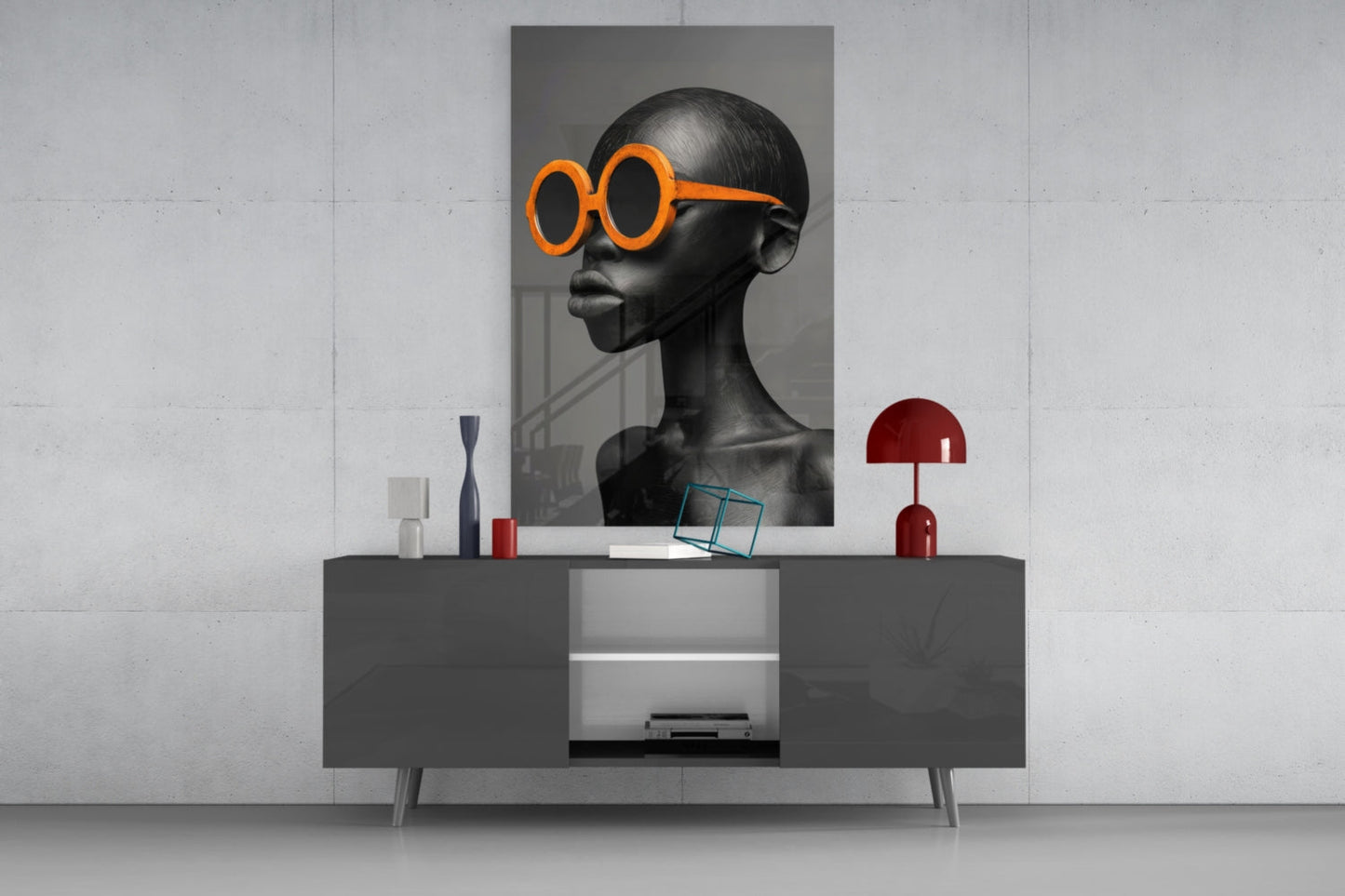 Orange Round Sunglasses Gray Portrait Glass Wall Art