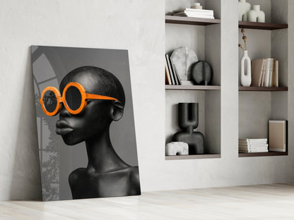 Orange Round Sunglasses Gray Portrait Glass Wall Art