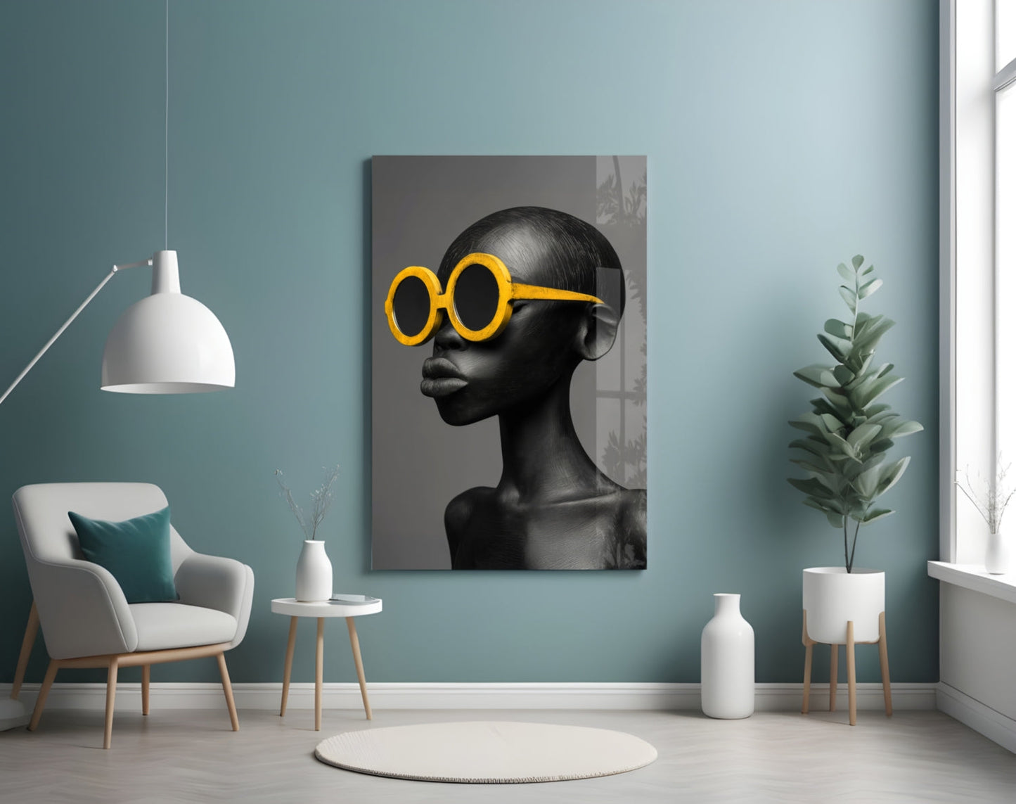 Yellow Round Sunglasses Gray Portrait Glass Wall Art