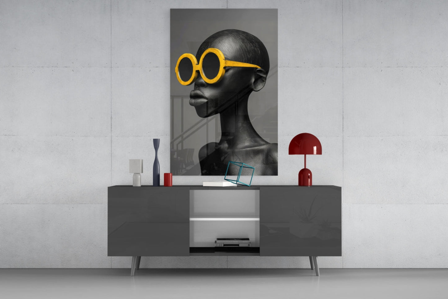 Yellow Round Sunglasses Gray Portrait Glass Wall Art