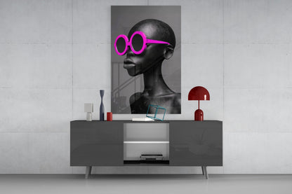 Hot Pink Round Sunglasses Gray Portrait Glass Wall Art