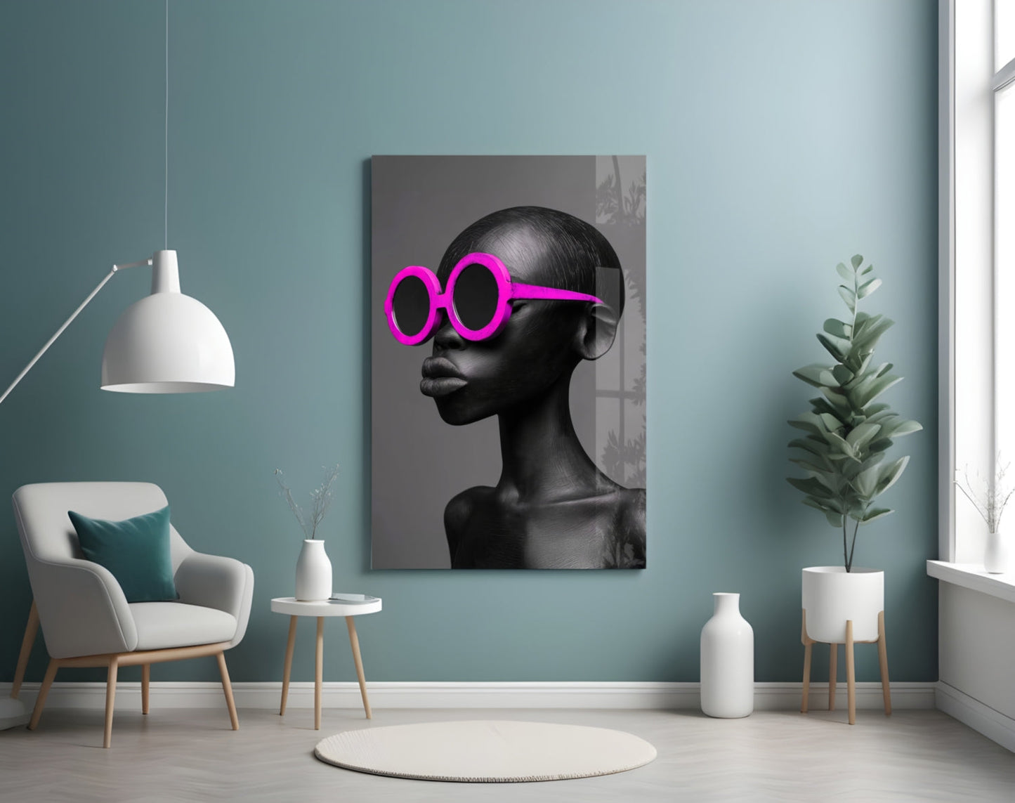 Hot Pink Round Sunglasses Gray Portrait Glass Wall Art