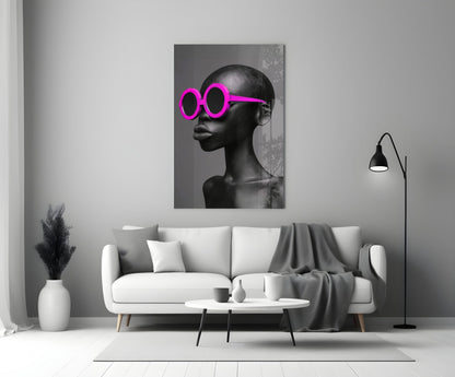 Hot Pink Round Sunglasses Gray Portrait Glass Wall Art