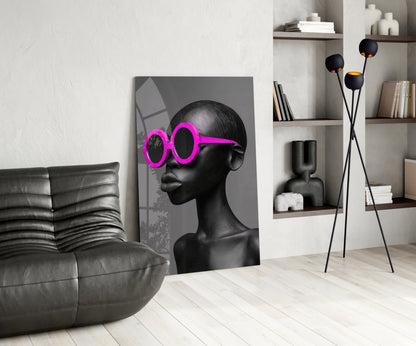 Hot Pink Round Sunglasses Gray Portrait Glass Wall Art