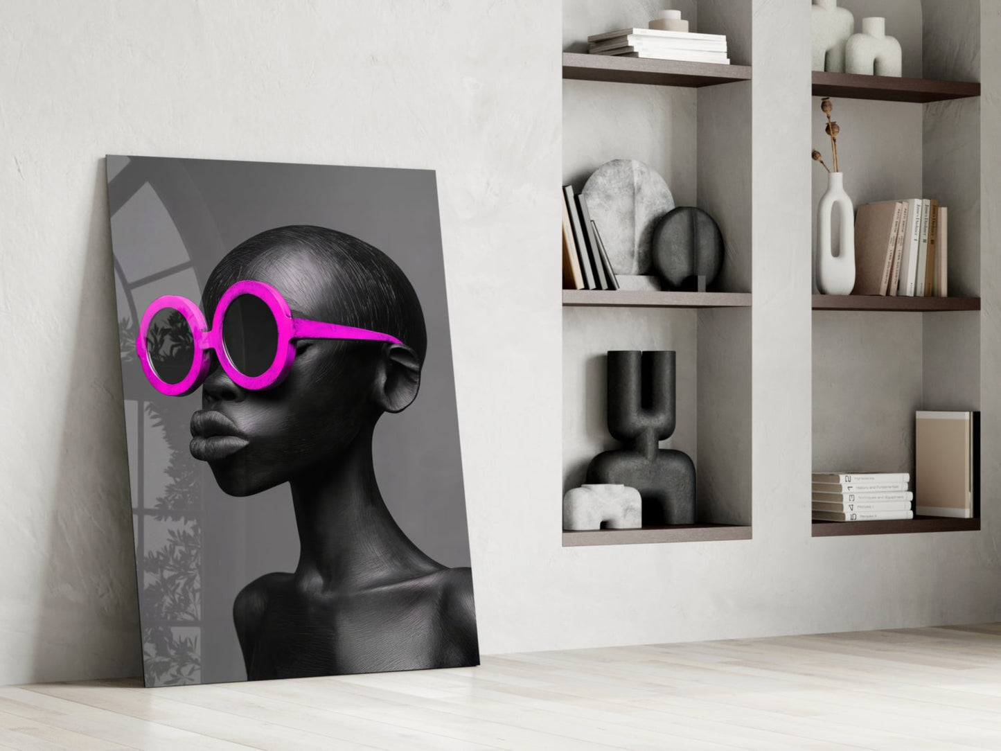 Hot Pink Round Sunglasses Gray Portrait Glass Wall Art