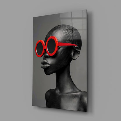 Red Round Sunglasses Gray Portrait Glass Wall Art