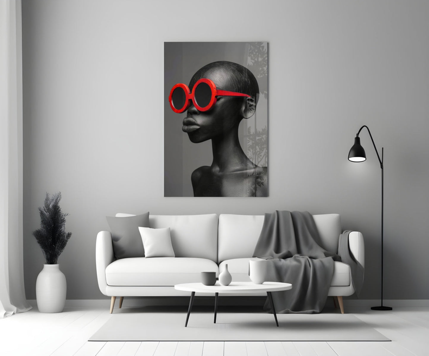 Red Round Sunglasses Gray Portrait Glass Wall Art