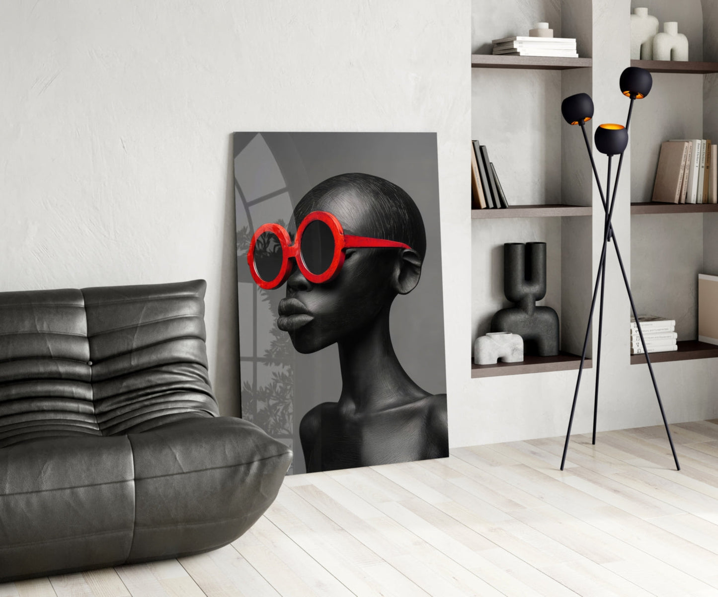 Red Round Sunglasses Gray Portrait Glass Wall Art