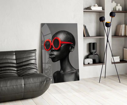Red Round Sunglasses Gray Portrait Glass Wall Art