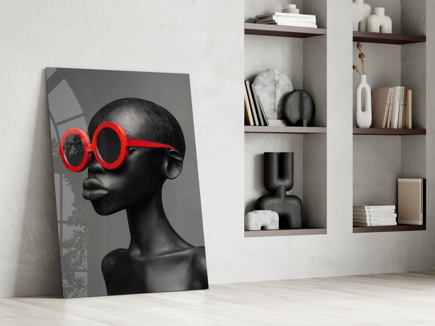 Red Round Sunglasses Gray Portrait Glass Wall Art