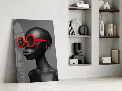 Red Round Sunglasses Gray Portrait Glass Wall Art