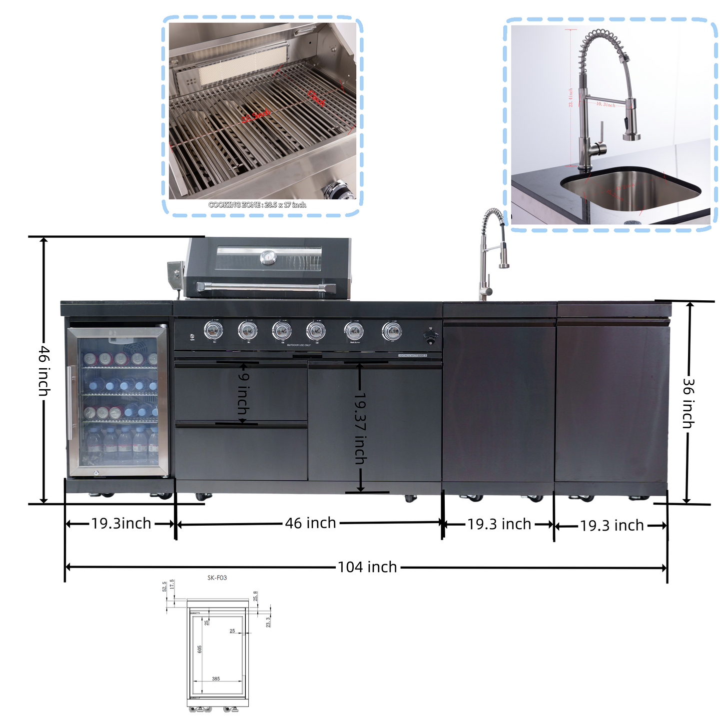 104" 4-Burner 72000 BTU Black Outdoor Kitchen Island Grill with Storage Cabinets & Drawers