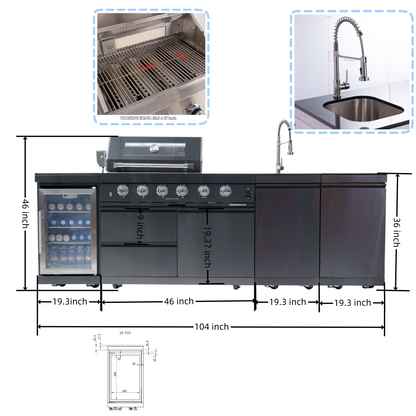 104" 4-Burner 72000 BTU Black Outdoor Kitchen Island Grill with Storage Cabinets & Drawers