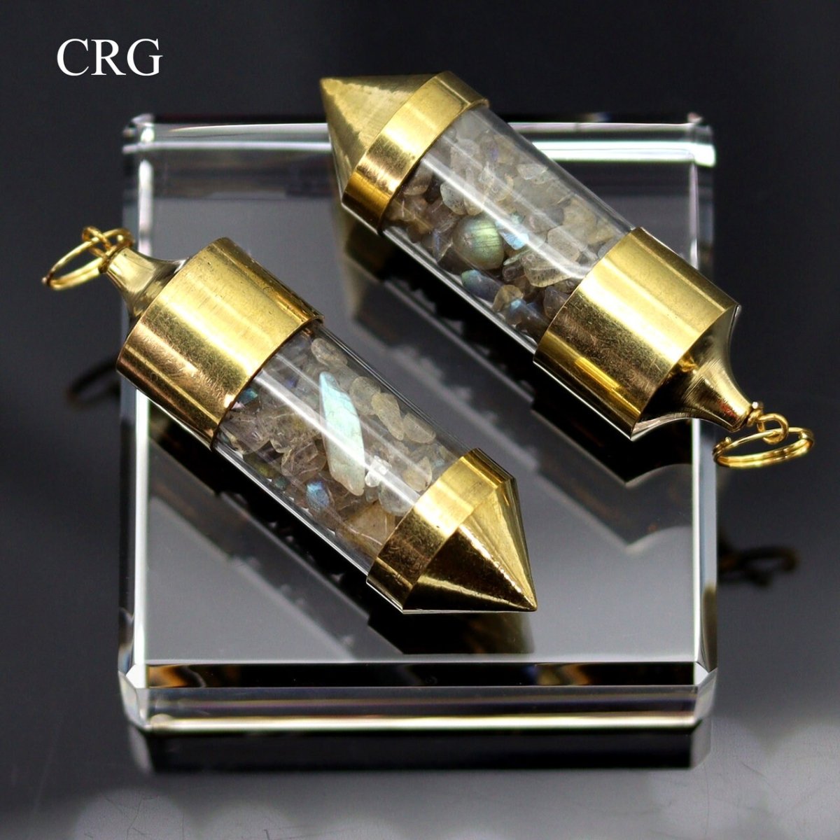 Labradorite Gemstone Chips in Gold-Plated Bottle Pendant (2 Pieces) Size 2.5 Inches (INJD)