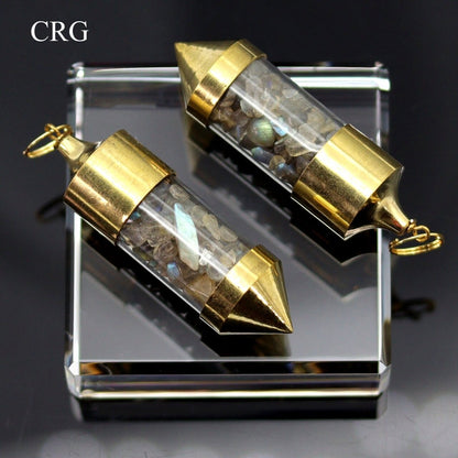 Labradorite Gemstone Chips in Gold-Plated Bottle Pendant (2 Pieces) Size 2.5 Inches (INJD)