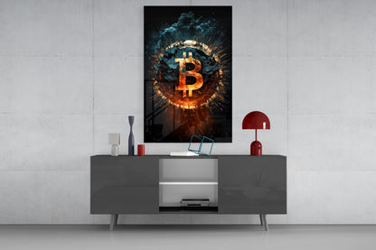 Fiery Cracked Bitcoin Blast Glass Wall Art