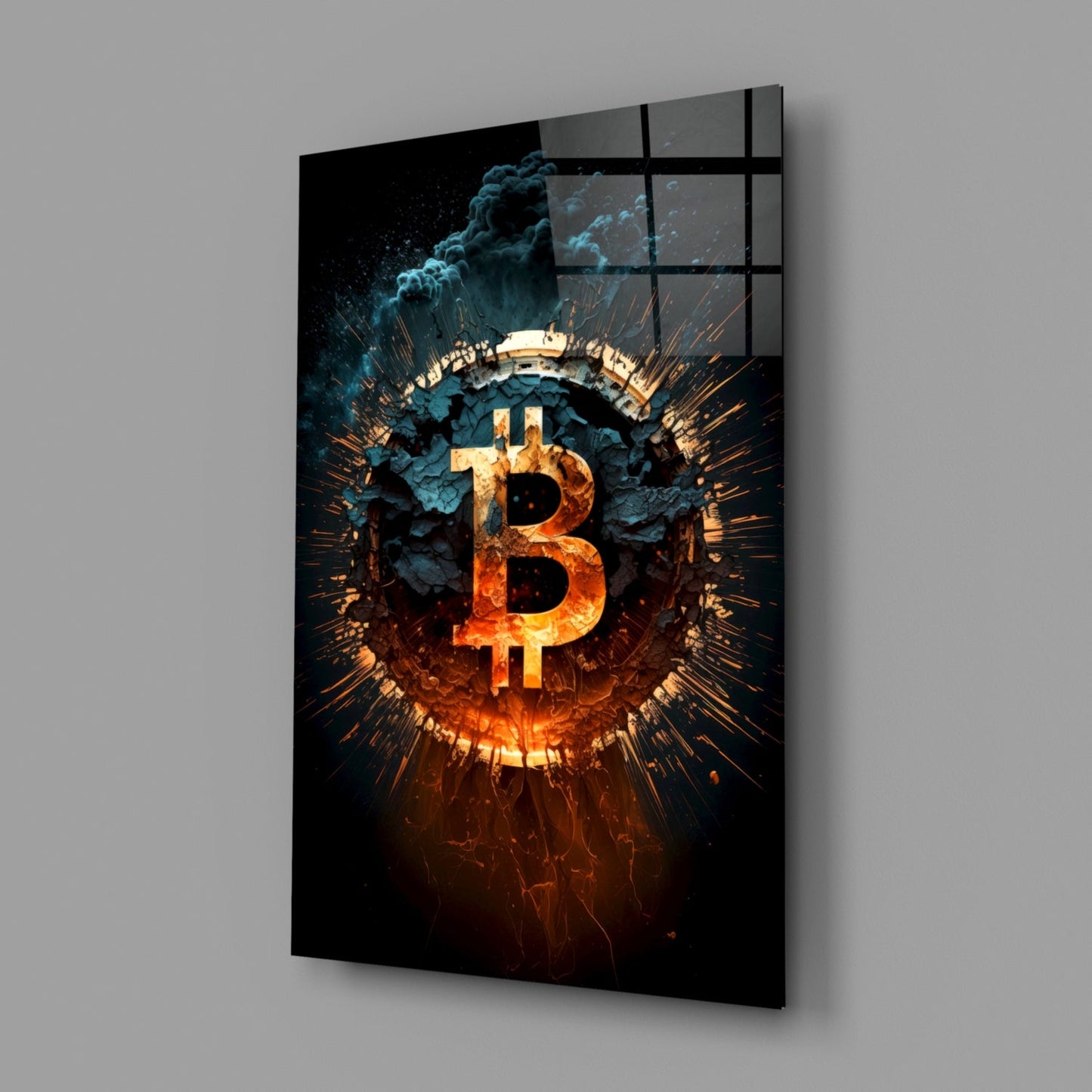 Fiery Cracked Bitcoin Blast Glass Wall Art