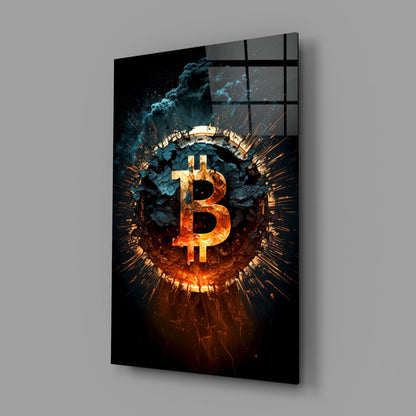 Fiery Cracked Bitcoin Blast Glass Wall Art