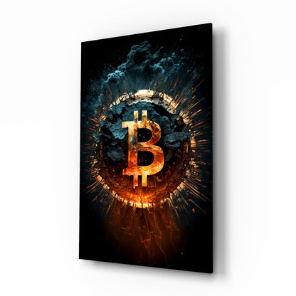 Fiery Cracked Bitcoin Blast Glass Wall Art