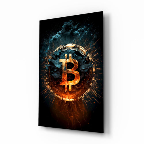 Fiery Cracked Bitcoin Blast Glass Wall Art