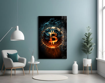 Fiery Cracked Bitcoin Blast Glass Wall Art