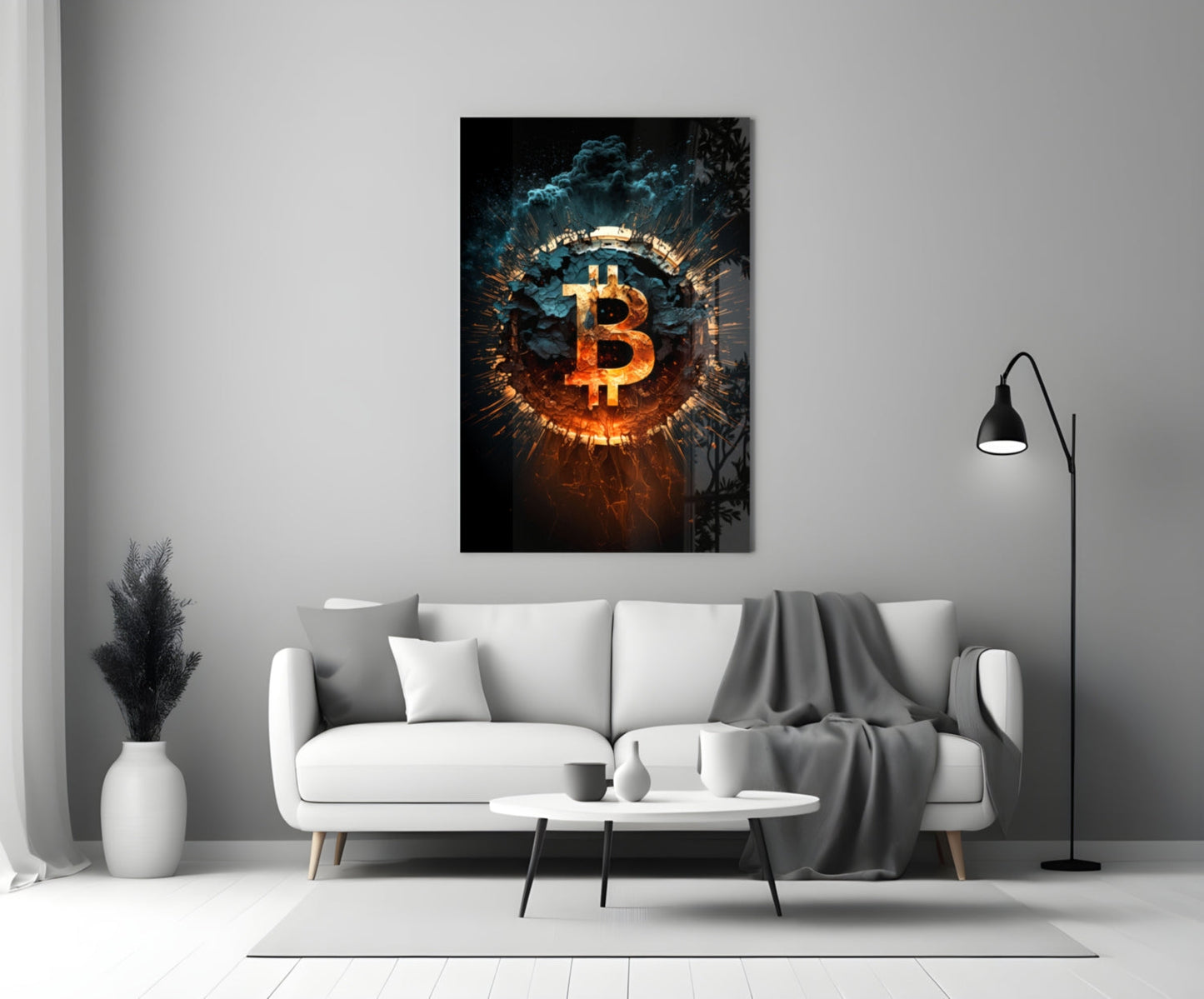 Fiery Cracked Bitcoin Blast Glass Wall Art