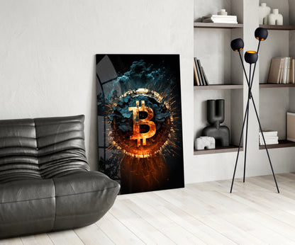 Fiery Cracked Bitcoin Blast Glass Wall Art