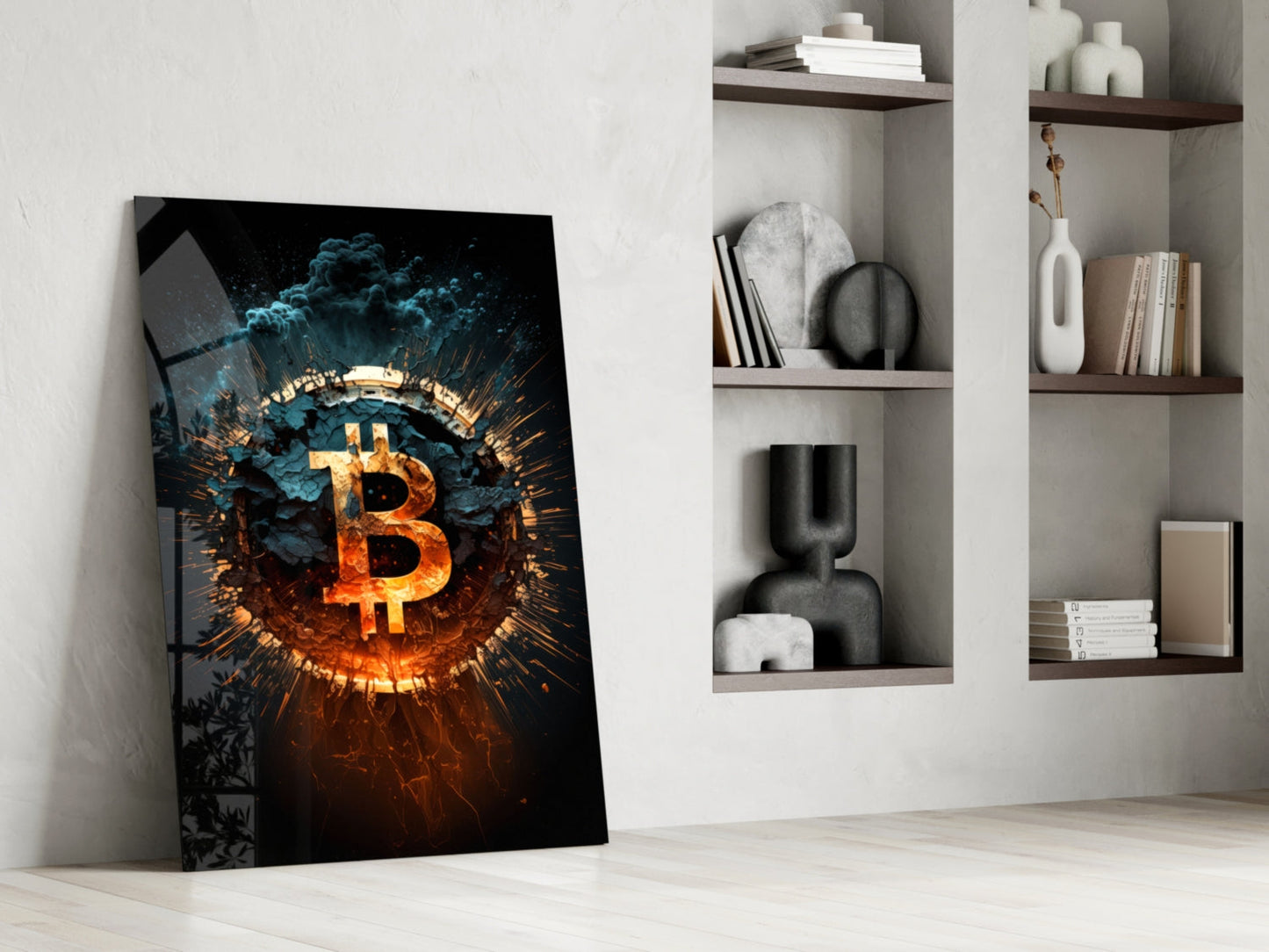Fiery Cracked Bitcoin Blast Glass Wall Art