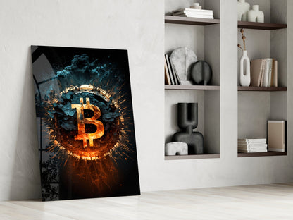 Fiery Cracked Bitcoin Blast Glass Wall Art